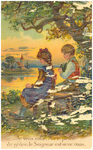 18545 Het bidden door een jongen en meisje, aan de rand van een water, 1900 - 1920