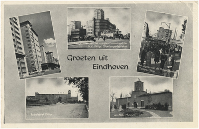 576 Een collage van 6 foto's: 1.Fabrieksgebouwen van Philips Strijp; 2.Radiofabriek van Philips; 3.Philips Lichttoren, ...