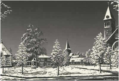 1038 Winterlandschap: tekening van de Markt in Waalre, cafe Dorpzicht, de R.K.-kerk en Oude Toren, 1993