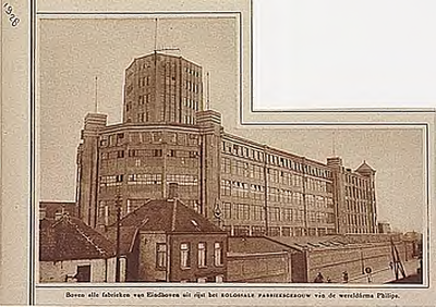 8615 Philipsfabriek met voorliggende huizen aan de Parallelweg, ca. 1928