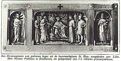 9427 Kruiswegstatie van gedreven koper uit de kunstwerkplaats van St. Eloy, aangeboden aan pastoor Pulskens b.g.v. zijn ...