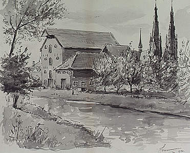 9442 Kanaalstraat, met leerlooijerij Verhagen aan de Dommel en de Catharinakerk, 1940