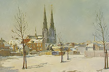 9446 Wintergezicht op de Smalle Haven en de Catharinakerk; olieverfschilderij door Karel Vermeeren, 1978