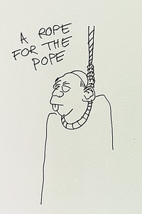 9637 Anti-paus graffiti: 'a rope for the pope' ter gelegenheid van het bezoek van de paus aan Nederland, 05-1985
