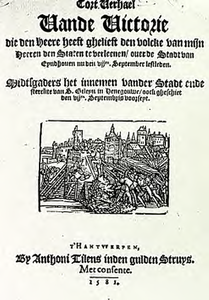 9661 Titelblad met afbeelding van belegerde stad van 'Cort Verhael van de victorie die den heere heeft ghelieft den ...