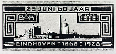 11227 Gezicht op de fabriek, met afbeelding van de fabriek uit 1868, beeldmerk en omlijsting, ontworpen door P. Peeters ...