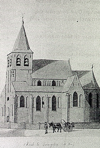 11282 't Hofke/panden/St.Martinuskerk kerk met daarvoor een handelaar of boer met paard en wagen, 1890