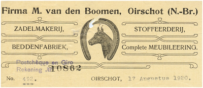 15002 Een briefhoofd van de firma M. van den Boomen. De firma bestaat uit de volgende onderdelen een zadelmakerij, een ...