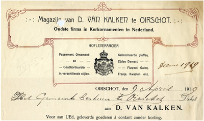 15011 Oirschot Magazijn van D. van Kalken, oudste firma in kerkornamenten in Nederland. Hofleverancier, 09-04-1919