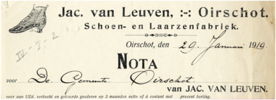 15012 Oirschot Een briefhoofd van de schoen- en laarzenfabriek van Jac. van Leuven. , 29-01-1919