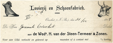 15018 Oirschot Een briefhoofd van de Looierij en schoenfabriek van de Weduwe H. van der Steen-Termeer & Zonen, 31-12-1918