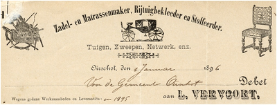 15020 Oirschot Een briefhoofd van L. Vervoort, zadel- en matrassenmaker, rijtuigbekleeder en stoffeerder, 01-01-1896