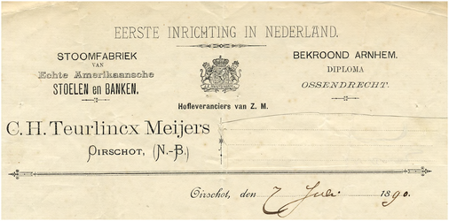 15024 Oirschot Een briefhoofd van C.H. Teurlincx Meijers. Eerste inrichting in Nederland. Stoomfabriek van echte ...
