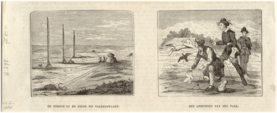 23675 Twee voorstellingen over de techniek van de valkenjacht, 1888