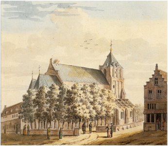 23812 De Catharinakerk met de huizen de Wijzer en de Witte Leeuw naar (vermoedelijk) Spilman, 1750 - 1800