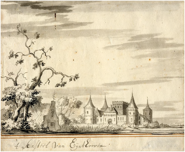 23879 Geromantiseerde voorstelling van het kasteel van Eindhoven naar de prent van Baudartius toegeschreven aan Jacob ...