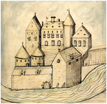 23880 Het kasteel naar de gravure van Hogenberg getekend, 1650
