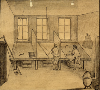 23905 De slagkamer van een hoedenmakerij, 1800 - 1830