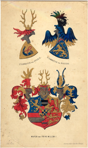 23967 Gelithografeerde afbeelding van het Wapen van Prins Willem I en de stamwapens van Oranje en Nassau, 1860 - 1870