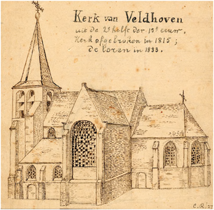 24020 Retrospectieve pentekening van de oude kerk van Veldhoven, 1815 - 1833