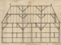 24080 Zijaanzicht van een balkenconstructie van een woonhuis, 1700 - 1750