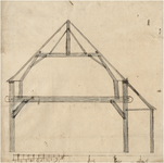 24081 Schema van de zijaanzicht van een eenvoudige houtconstructie van een schuur, 1700 - 1750