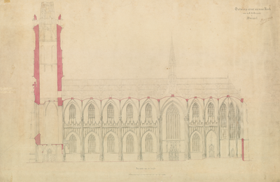 24116 Ontwerptekening voor de nieuwe St. Petruskerk te Woensel. Doorsnede over de lengte, 1870 - 1875