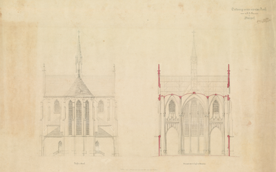 24117 Ontwerptekening voor de nieuwe St.Petruskerk te Woensel. Achtergevel en Doosnede over de lengte der kruisarmen, ...