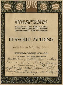 24200 Ërediploma voor Johannes van de Kerkhof als eervolle vermelding bij de Gevaert wedstrijd 1911-1912, 1911 - 1912