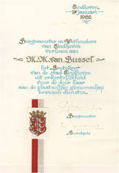 24201 Diploma bij het verlenen van het ereteken van de stad aan M.M. van Bussel door B. en W. van Eindhoven,, 17-01-1982