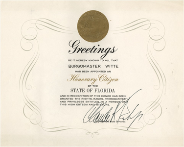 24207 Diploma van verlening van het ereburgerschap van de staat Florida aan burgemeester H.Witte, 1960 - 1965
