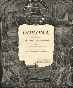 24214 Diploma uitgereikt bij het jubileum van 25 jaar dienstverband bij de N.V.Philips, 04-04-1959