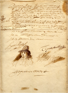 24249 Schetsje door Constantijn van Renesse op klad-aantekening van een akte, voorstellende een man met hoed. Akte is ...