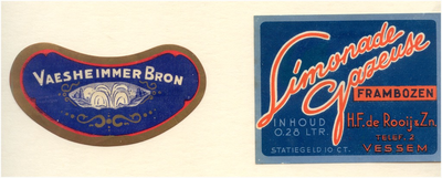 24377 Twee etiketten van drankenhandel H.F. de Rooij te Vessem, 1930 - 1950