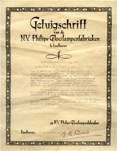 24401 Getuigschrift voor H.J.Reker bij ontslag uit dienst van de N.V. Philips' Gloeilampenfabrieken, 10-09-1931