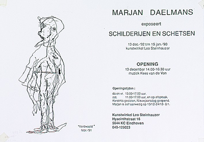 30262 Expositie schilderijen en schetsen van Marjan Daelmans in Kunstwinkel Leo Steinhauzer, 13-12-1992 - 15-01-1993