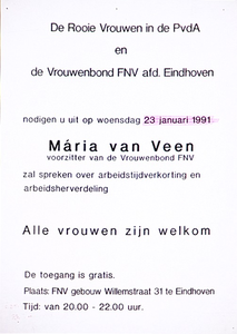 31052 Vergadering Rooie Vrouwen van Pvd A en Vrouwenbond FNV over arbeidstijdverkorting en arbeidsherverdeling in FNV ...