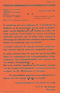 31746 Publicatie van het tijdelijk Rijksbureau voor huiden en leder betreffende verkoop en aflevering van schoeisel, 11-1944