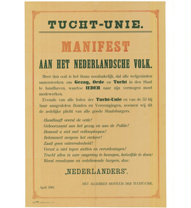 31773 Manifest van de Tucht-Unie aan het nederlandsche volk, gericht tegen socialistische propaganda en oproepen voor ...
