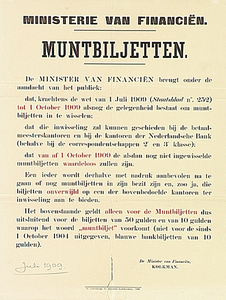 31775 Bekendmaking van het omwisselen van oude muntbiljetten tegen nieuwe door de Minister van Financiën, 01-07-1909 - ...