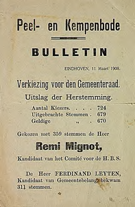 32033 Extra Bulletin van Peel- en Kempenbode met uitslag gemeenteraadsverkiezingen, 11-03-1908