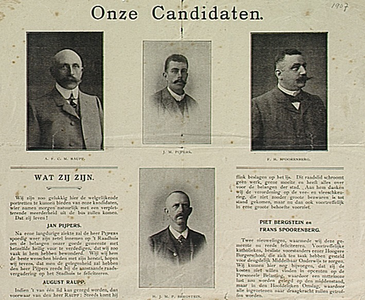 32044 Pamflet gemeenteraadsverkiezingen met foto's kanidaten, 1907