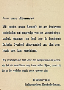 32180 Bekenmaking van verschijningsverbod van Eindhovensche en Meierijsche Courant, 1942