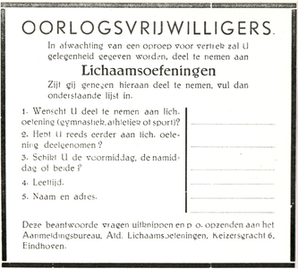 64818 Advertentie in het Eindhovens Dagblad voor deelname aan lichaamsoefenigen voor oorlogsvrijwilligers, 11-11-1944