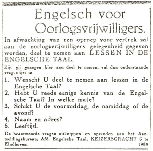 64819 Advertentie in het Eindhovens Dagblad voor een deelname aan lessen Engels voor oorlogsvrijwilligers, 21-11-1944