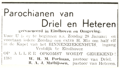 64831 Advertentie in het Eindhovens Dagblad met een bericht voor de parochianen van Driel en Heteren, geëvacueerd in ...