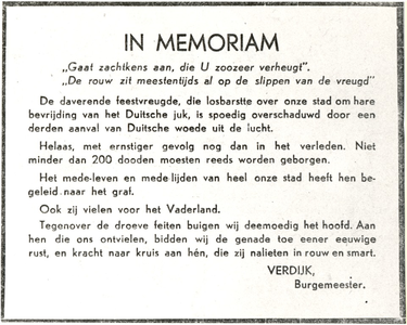 64833 In Memoriam van Burgemeester Verdijk in het Eindhovens Dagblad voor de slachtoffers van het bombardement in ...