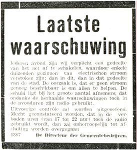 64834 Advertentie in het Eindhovens Dagblad met een waarschuwing van de directeur der gemeentebedrijven over de ...