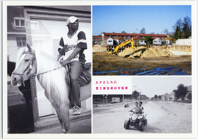 125417 Een serie van 16 prentbriefkaarten met de titel Afslag Eindhoven : Een collage met 3 foto's waarop 1. Het ...
