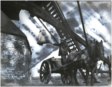 128108 Het laden en lossen van paard en wagen bij de korenmolen: de zakken worden uit de wagen gehesen, 24-02-1937